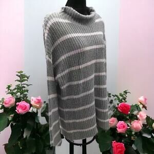 Caslon Womens Small Sweater Gray Pink Stripe Mock Neck Chunky Knit NWT